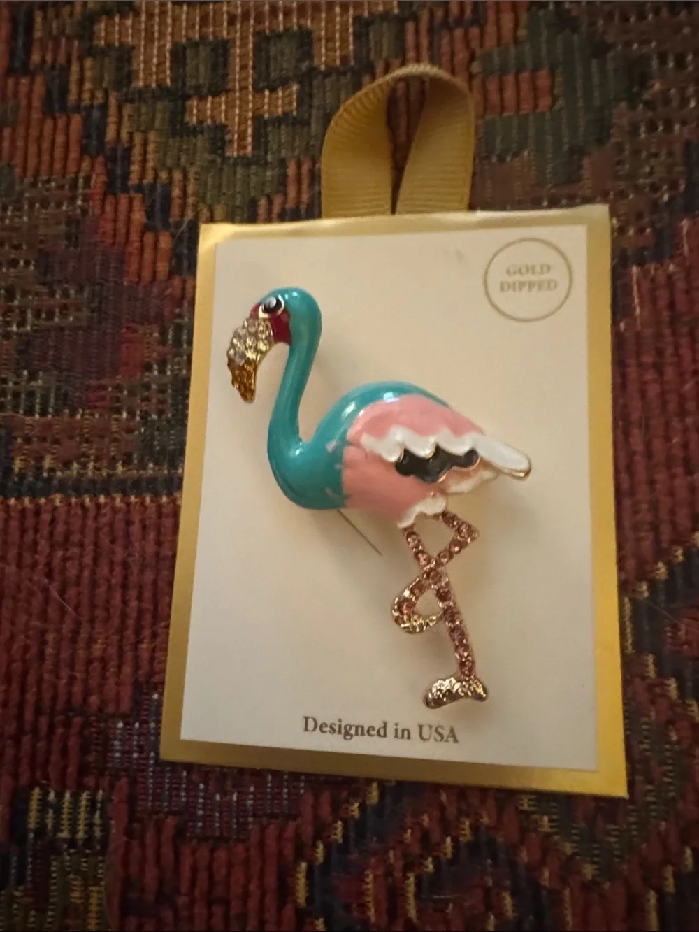 Gold-Dipped Pink & Teal Flamingo Brooch